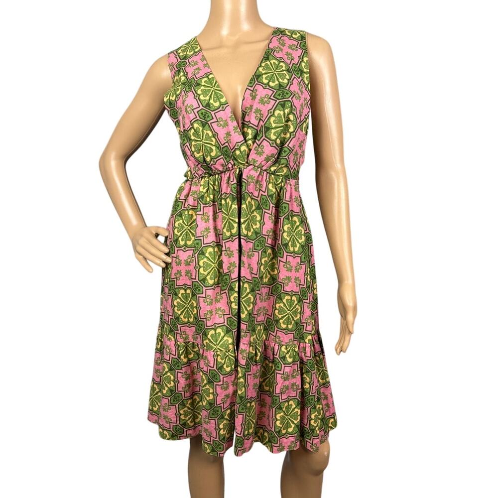 House Of Harlow Linen Blend Sun Dress Open Back Retro Print Size S Resort Vacay - Picture 2 of 8